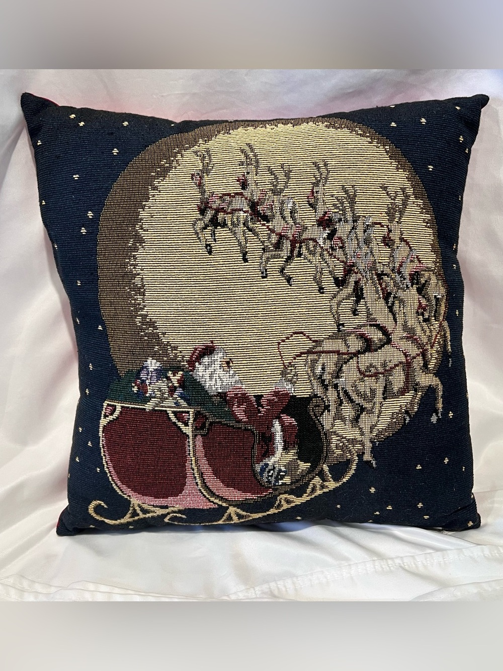 Vintage Kmart Christmas Tapestry Pillow Santa Sleigh Reindeer 14”